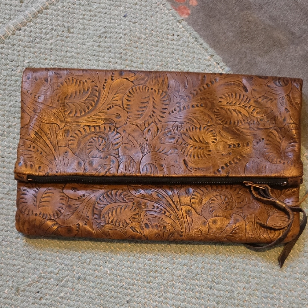 Embossed Brown Leather Clutch.New And Never Used